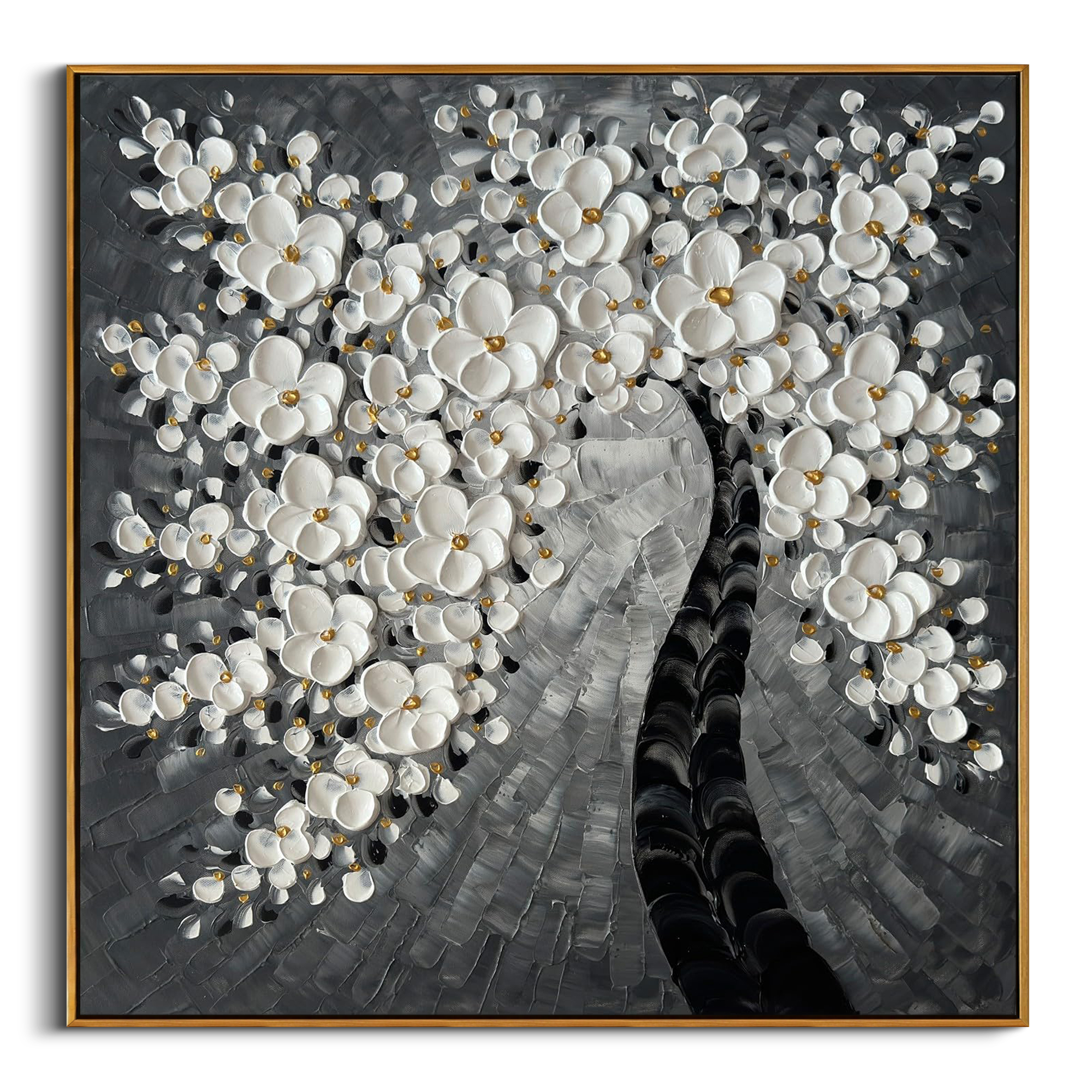 NOIR BLOSSOM: 3D Heavy Texture White Flower Wall Art, Modern Black and Grey Tree Relief