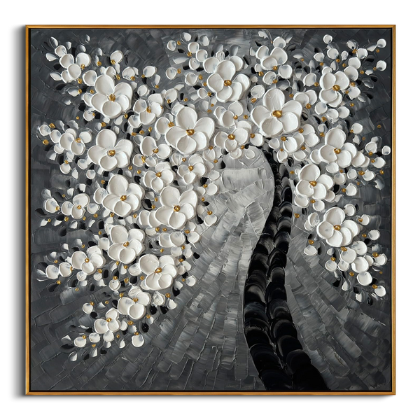 Noir Blossom – Modern Black and Grey Tree Relief Floral Painting | Minimalist Botanical Bedroom & Living Room Art