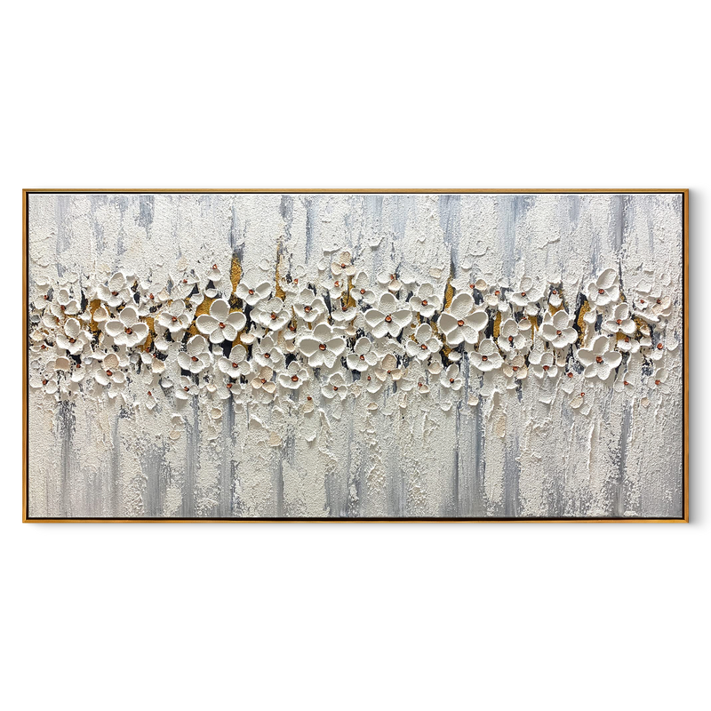 White Night Symphony – Modern Heavy Impasto White Flowers Painting | Luxury Panoramic Living Room Art