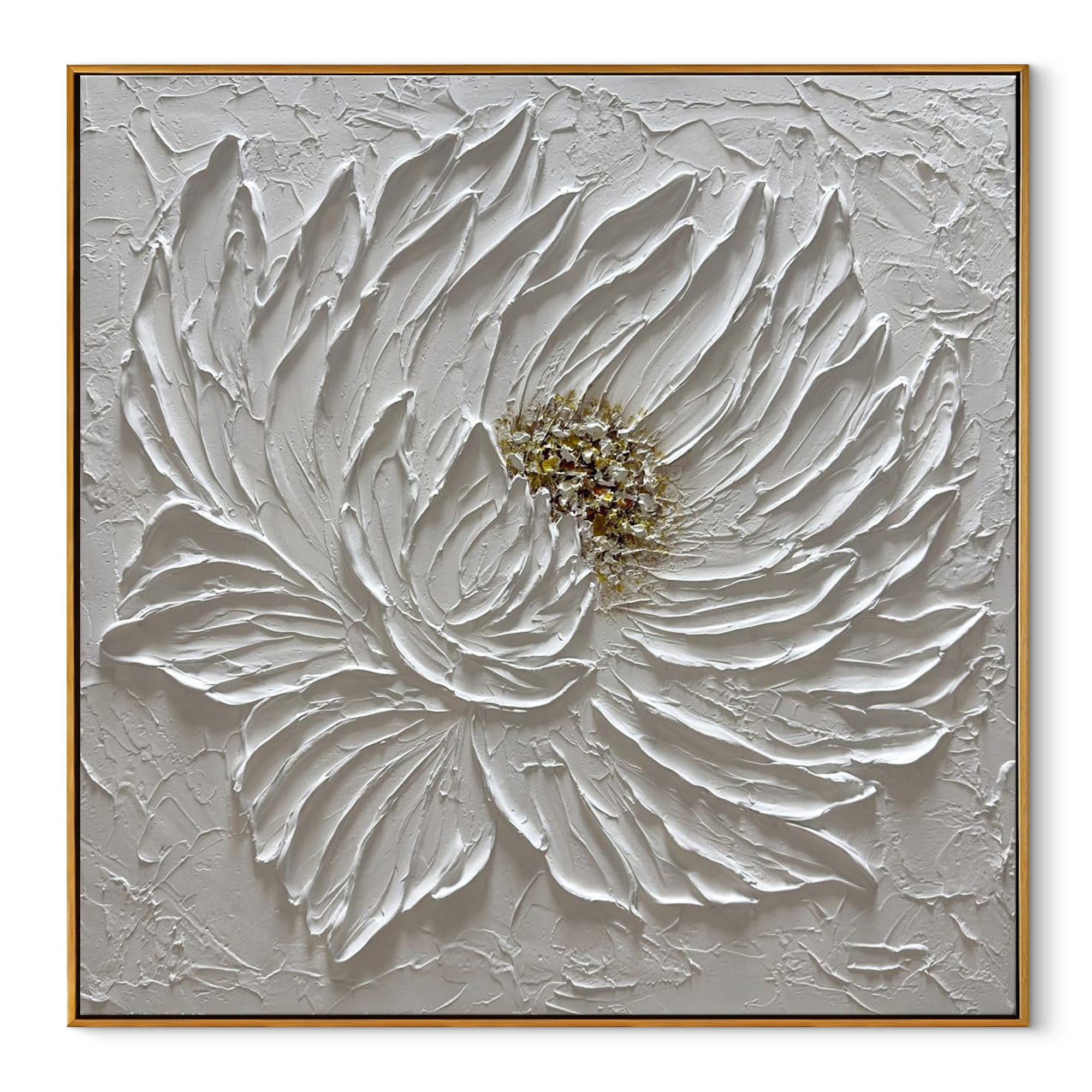 BLOSSOM ELEGANCE: 3D Heavy Texture Lotus Wall Art, White Flower Relief with Gold Accents