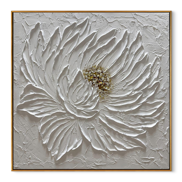 Blossom Elegance – White Flower Relief with Gold Accents Texture Painting | Modern Luxury Botanical Bedroom & Living Room Art