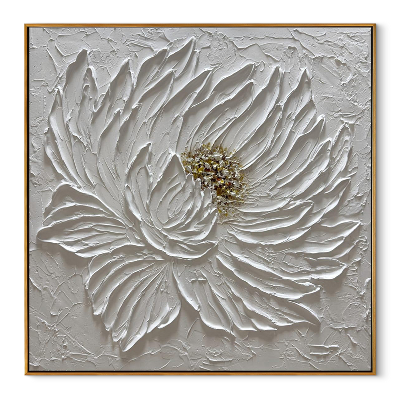 Blossom Elegance – White Flower Relief with Gold Accents Texture Painting | Modern Luxury Botanical Bedroom & Living Room Art