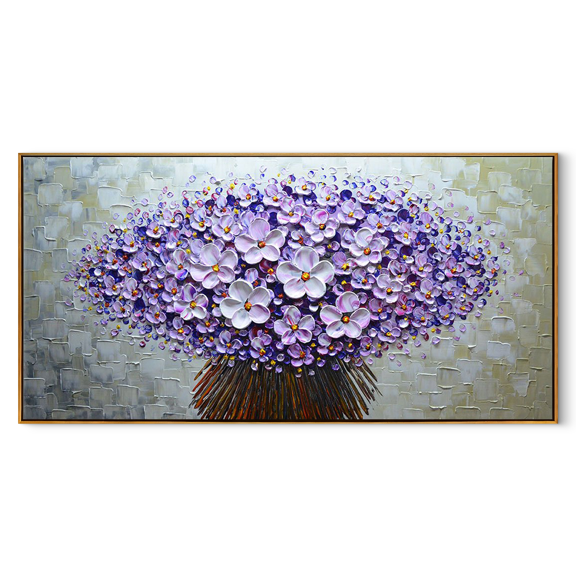 VIOLET BLOOM: Panoramic 3D Heavy Texture Floral Wall Art, Purple Flower Tree Relief Painting