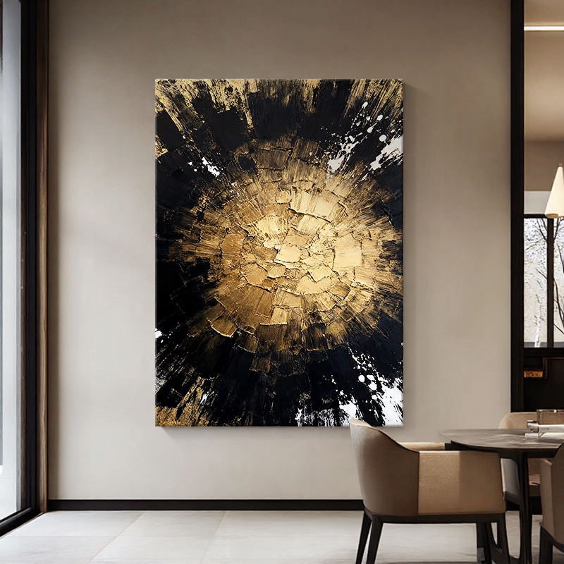 Cosmic Dawn – Modern Luxury Gold & Black Heavy Textured Painting | Premium Abstract Living Room Art