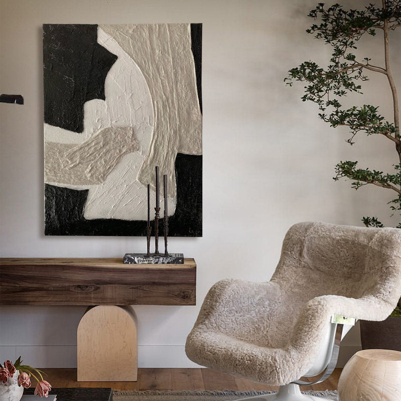 Silent Earth – Wabi-sabi Plaster Texture Art | Minimalist Noir & Beige Abstract Home Office Painting