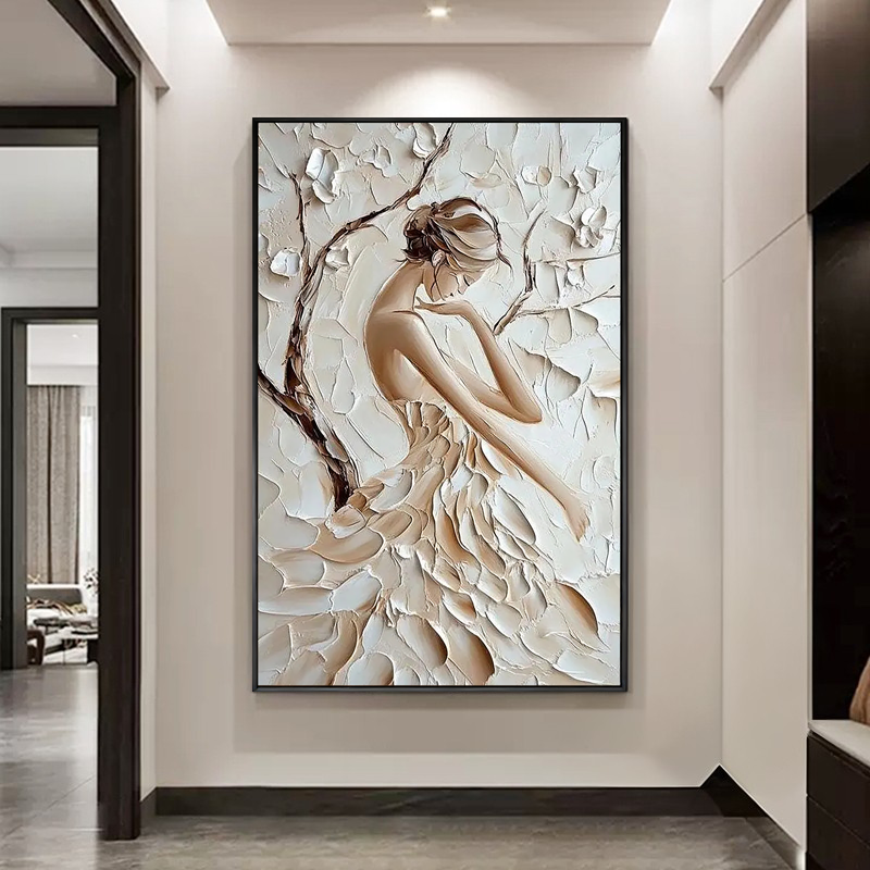Elegance in Bloom – Modern French Luxury Creamy Textured Painting | Petal Dress Lady Bedroom Art