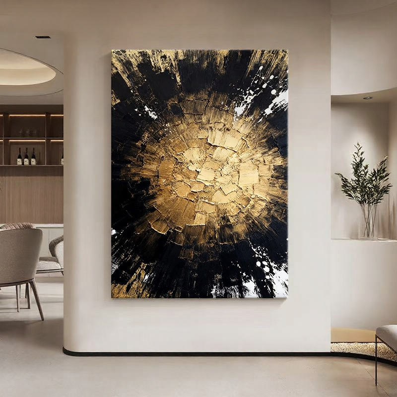 Cosmic Dawn – Modern Luxury Gold & Black Heavy Textured Painting | Premium Abstract Living Room Art