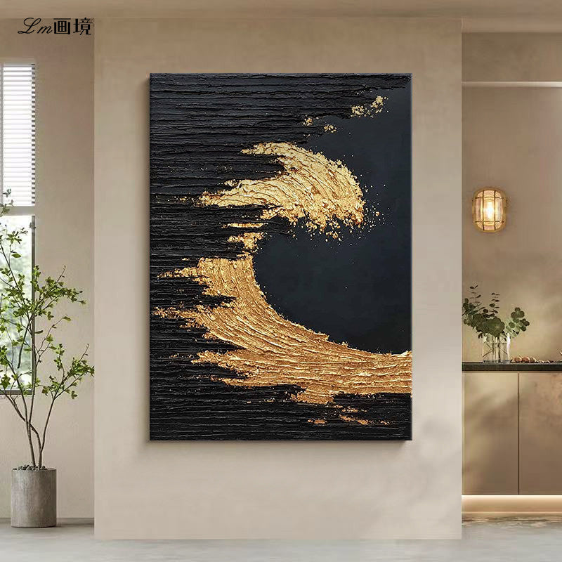 Golden Surge – Modern Black-and-Gold Textured Painting | Light-Luxury Abstract Hallway Art