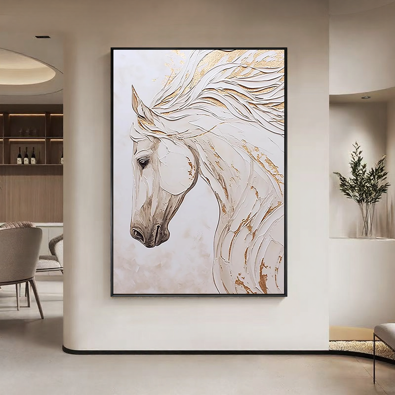 White Elegance – Modern Minimalist White Horse Sculptural Impasto Painting | Luxury Living Room Art