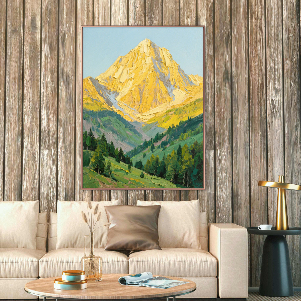 The Radiant Ridge – Contemporary Heavy Impasto Mountain & Valley Painting | Gilded Gold & Meadow Green Hallway Art