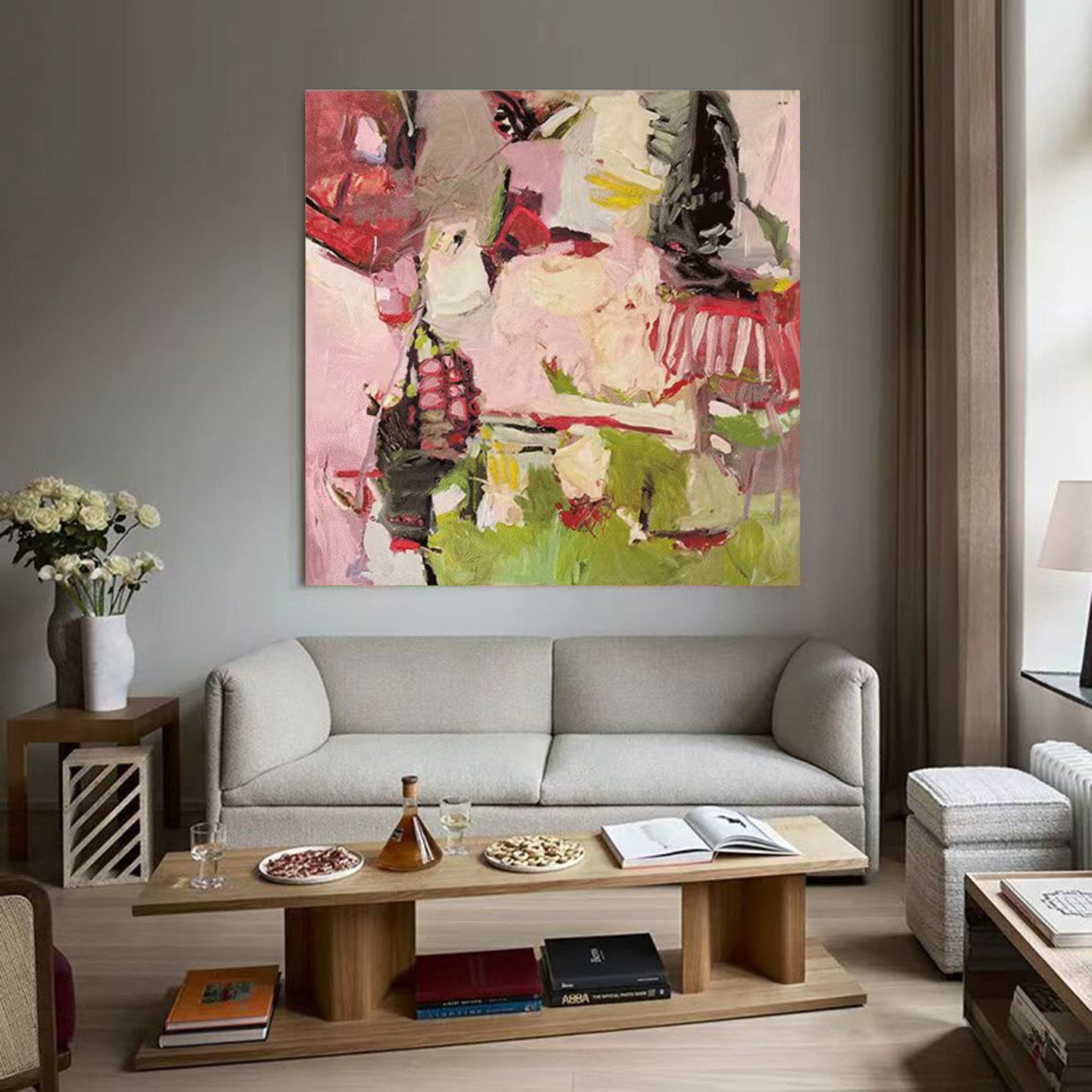 Midsummer Concerto – Modern Expressionist Pink & Green Abstract Painting | Mid-Century Vintage Hallway Art