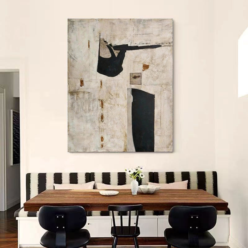 Ancient Echo – Modern Neutral Plaster Relief with Black Geometric Shapes Wabi-Sabi Painting | Japandi Organic Wabi-Sabi Living Room & Hallway Art