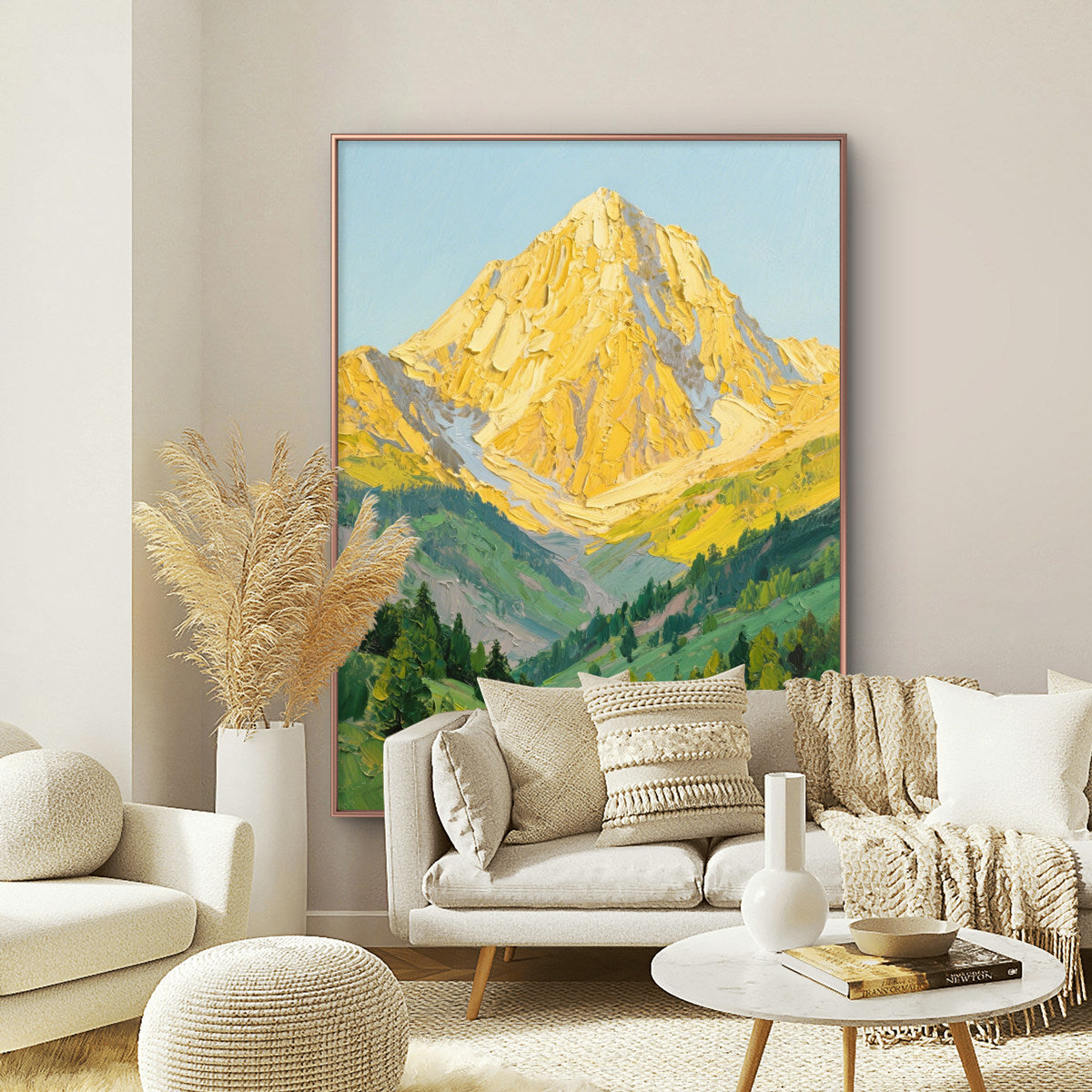 The Radiant Ridge – Contemporary Heavy Impasto Mountain & Valley Painting | Gilded Gold & Meadow Green Hallway Art