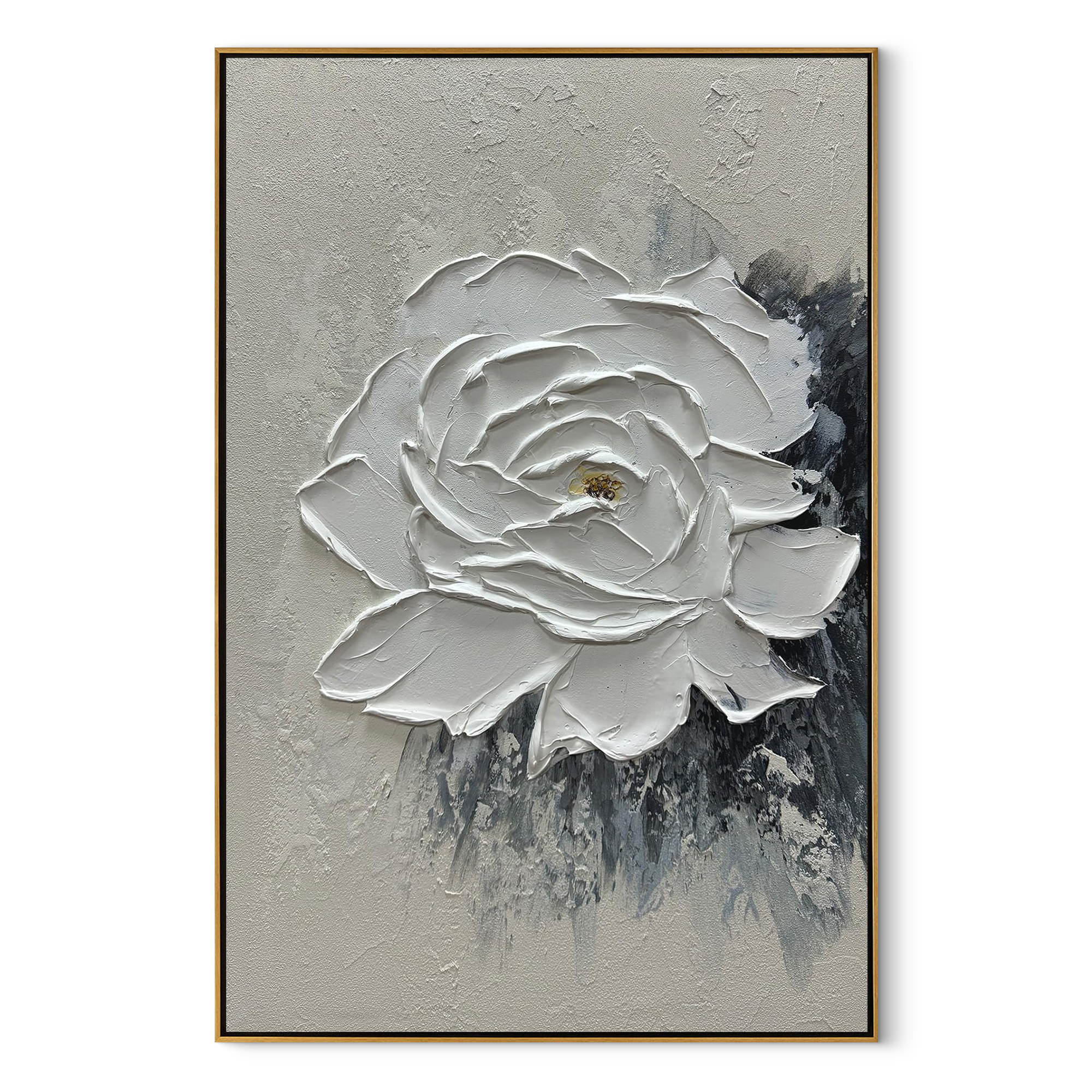VANILLA SCULPT: 3D Heavy Texture White Rose Wall Art, Modern Plaster Relief Floral Painting