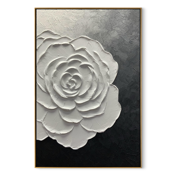 Dawn Blossom – Modern Minimalist Black-and-White Textured Painting |  White Rose Living Room Art