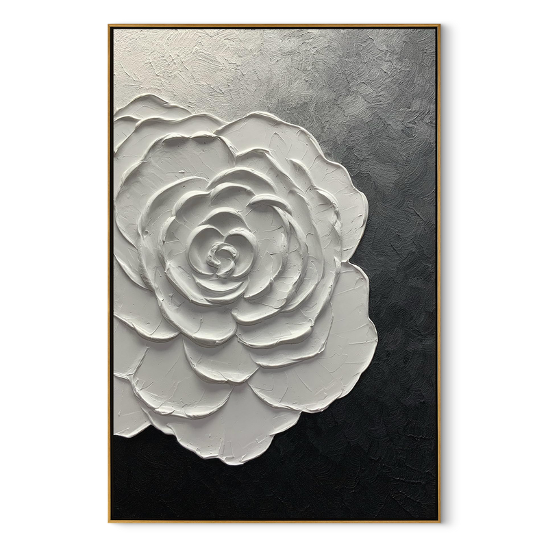Dawn Blossom – Modern Minimalist Black-and-White Textured Painting |  White Rose Living Room Art