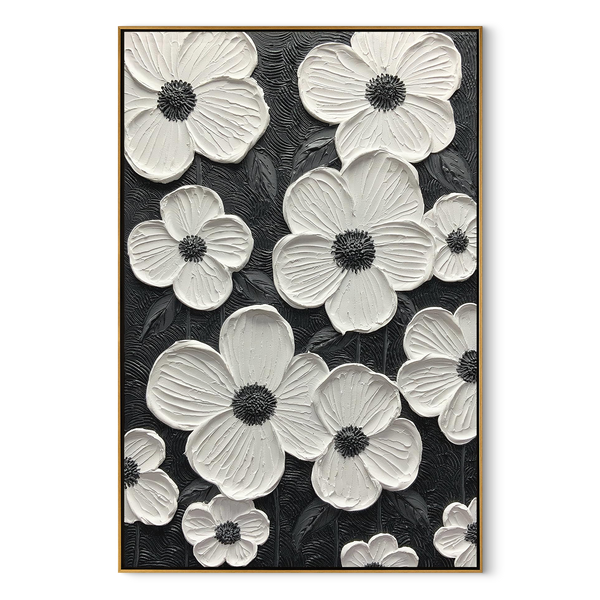 Stark Petals – Sculptural Monochrome Canvas | Ultra-Modern High-Contrast Statement Living Room Art