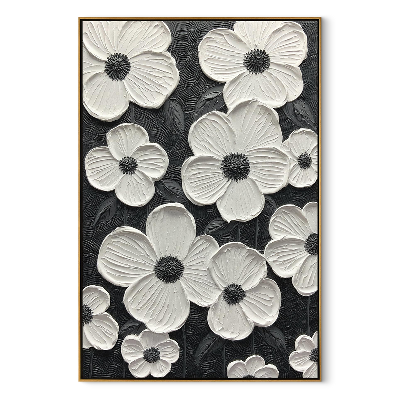 Stark Petals – Sculptural Monochrome Canvas | Ultra-Modern High-Contrast Statement Living Room Art