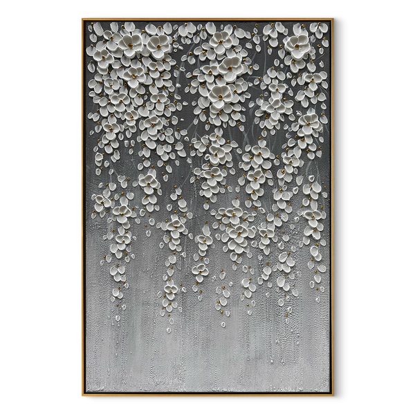 Cascading Bloom – Ombre Grey Floral Relief Texture Painting | Contemporary Botanical Bedroom & Living Room Art