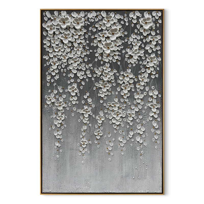 Cascading Bloom – Ombre Grey Floral Relief Texture Painting | Contemporary Botanical Bedroom & Living Room Art