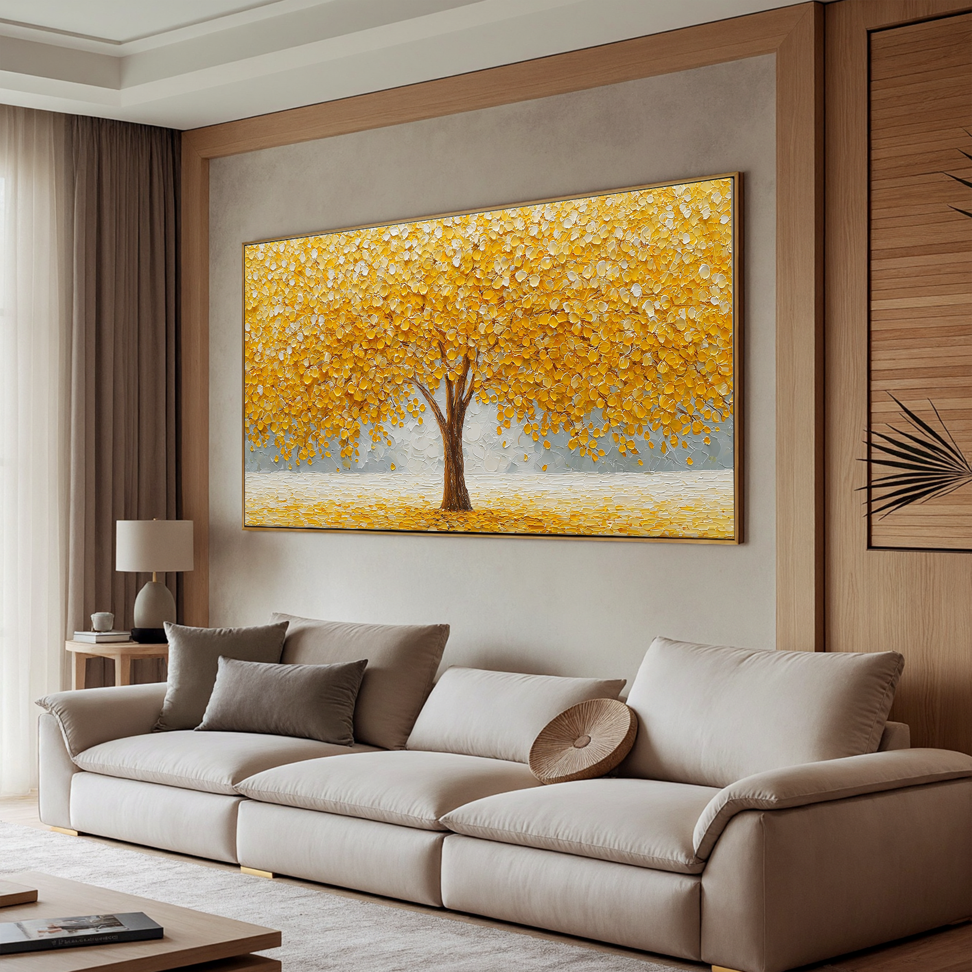 Gilded Opulence – Modern Impasto Golden Money Tree | Minimalist Sculptural Living Room Art