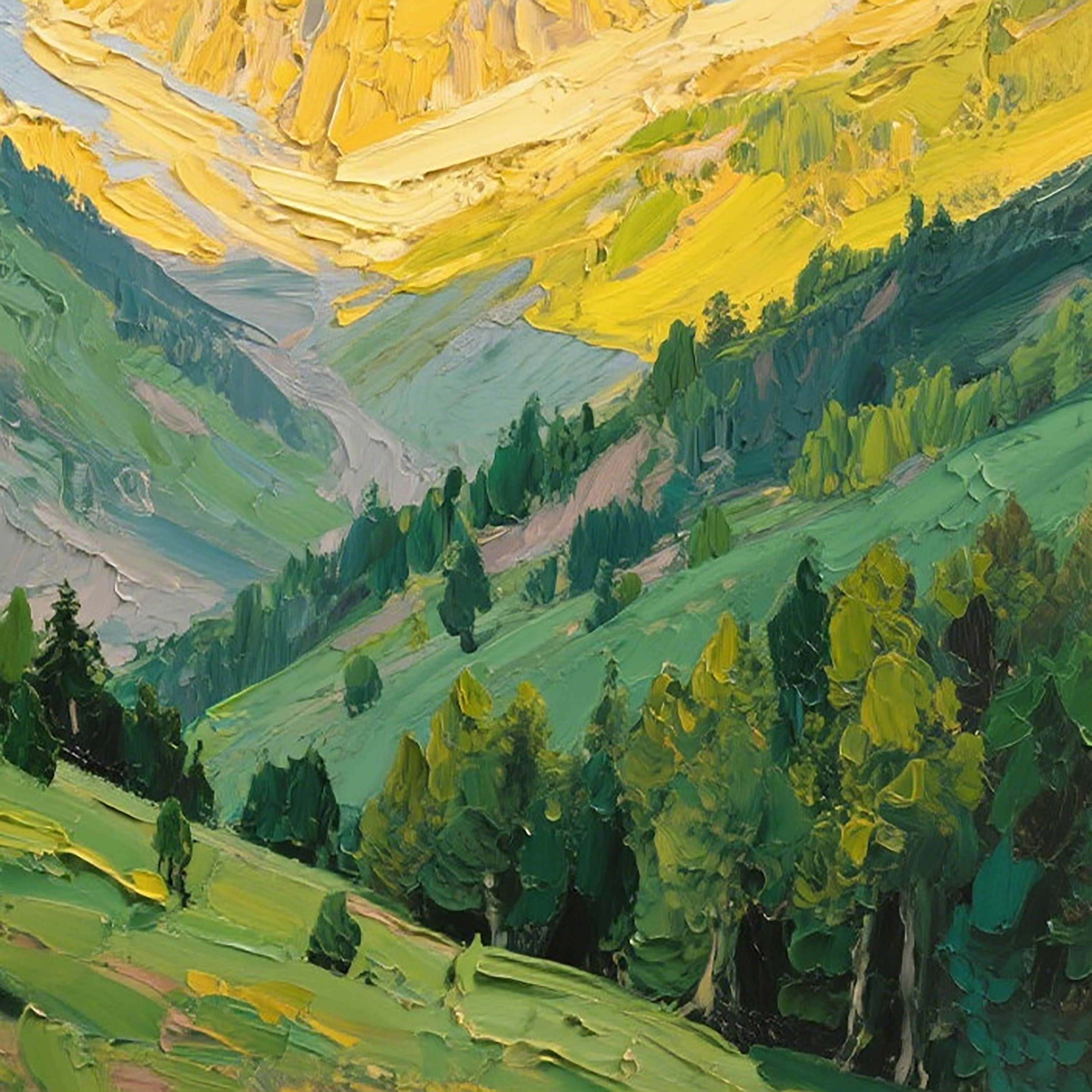 The Radiant Ridge – Contemporary Heavy Impasto Mountain & Valley Painting | Gilded Gold & Meadow Green Hallway Art