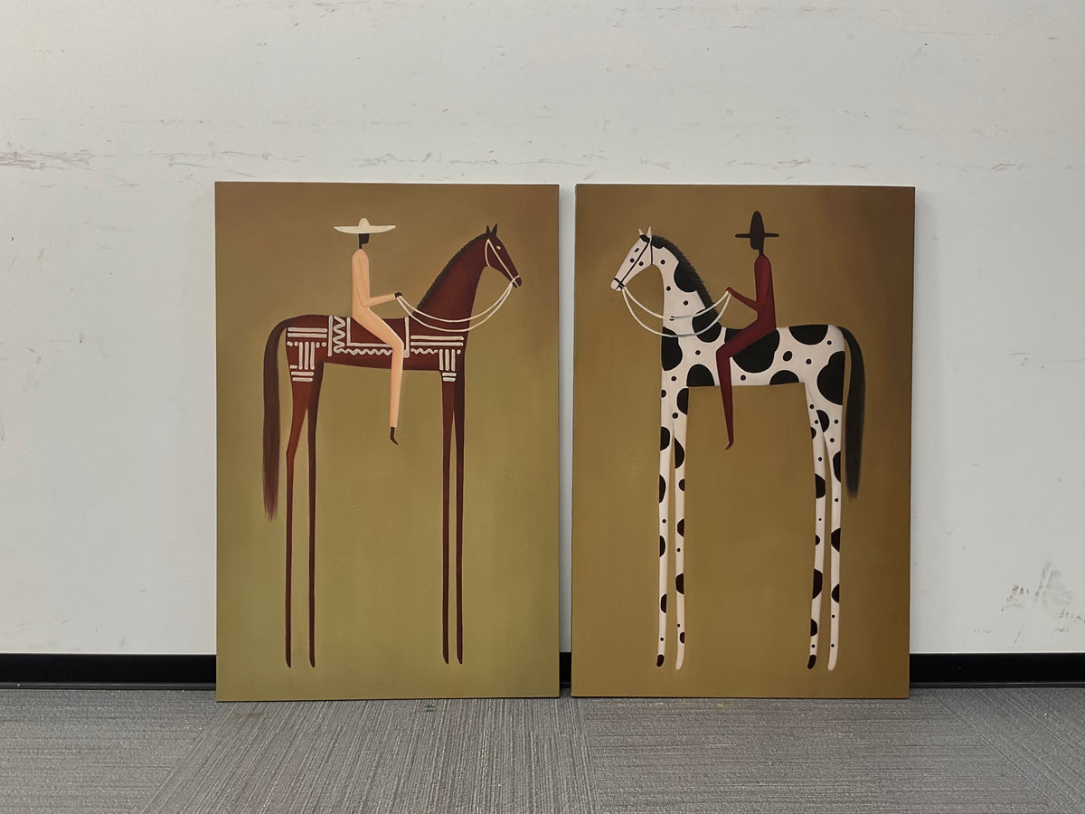 Spotted Trails Together – Brown Pinto Horse Rider Diptych | Modern Western Vertical Wall Art