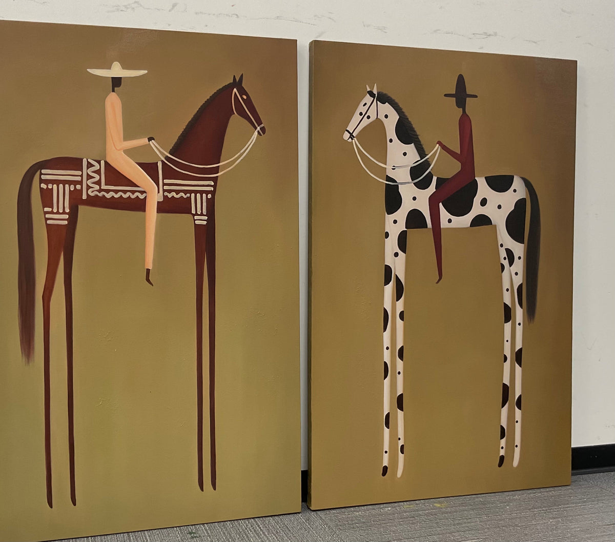 Spotted Trails Together – Brown Pinto Horse Rider Diptych | Modern Western Vertical Wall Art