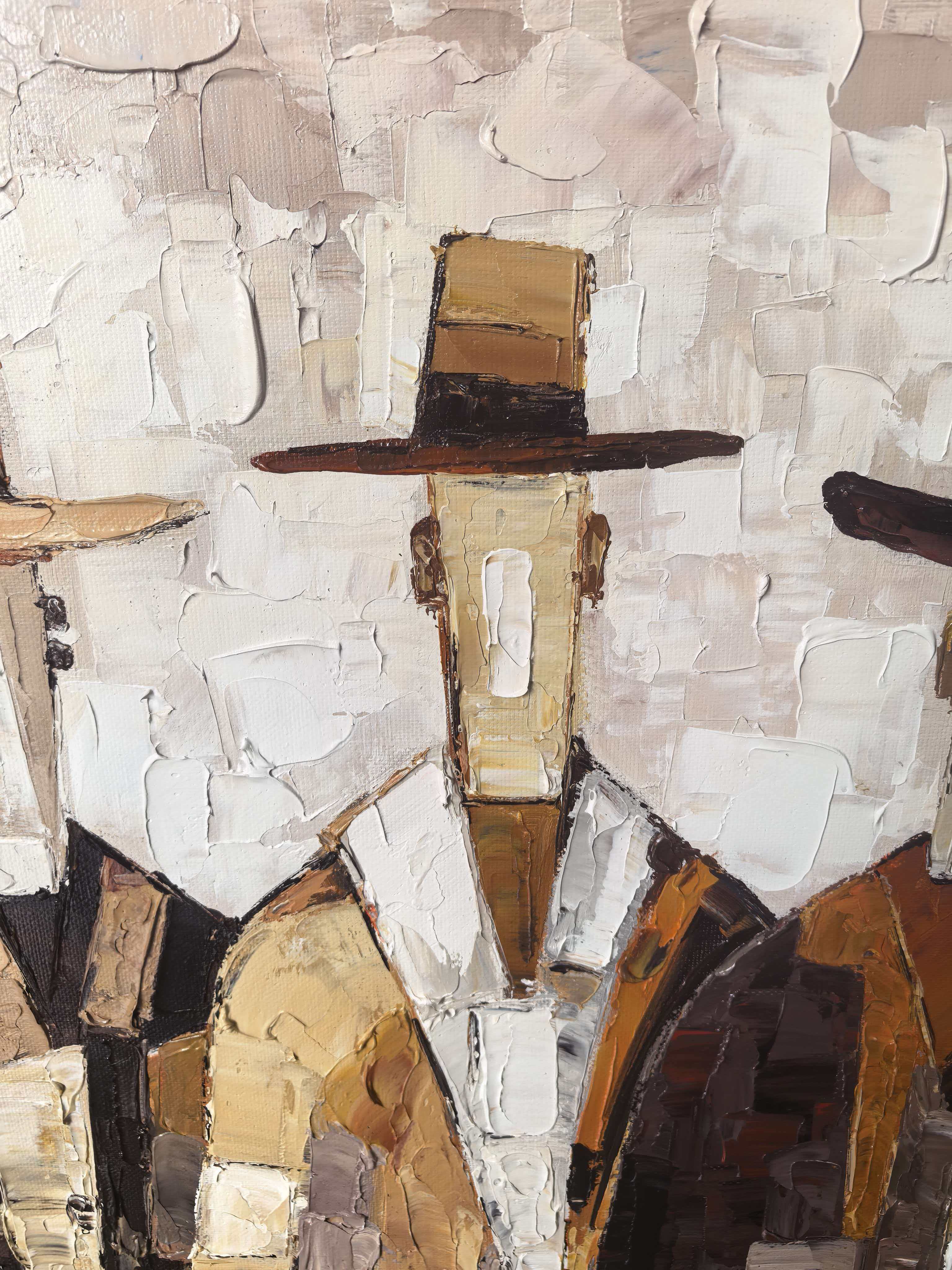 The Quiet Assembly – Mid-Century Neo-Expressionist Figures Heavy Impasto Painting | Earth Tone Palette Knife Abstract Portrait Canvas for Modern Living Room & Study