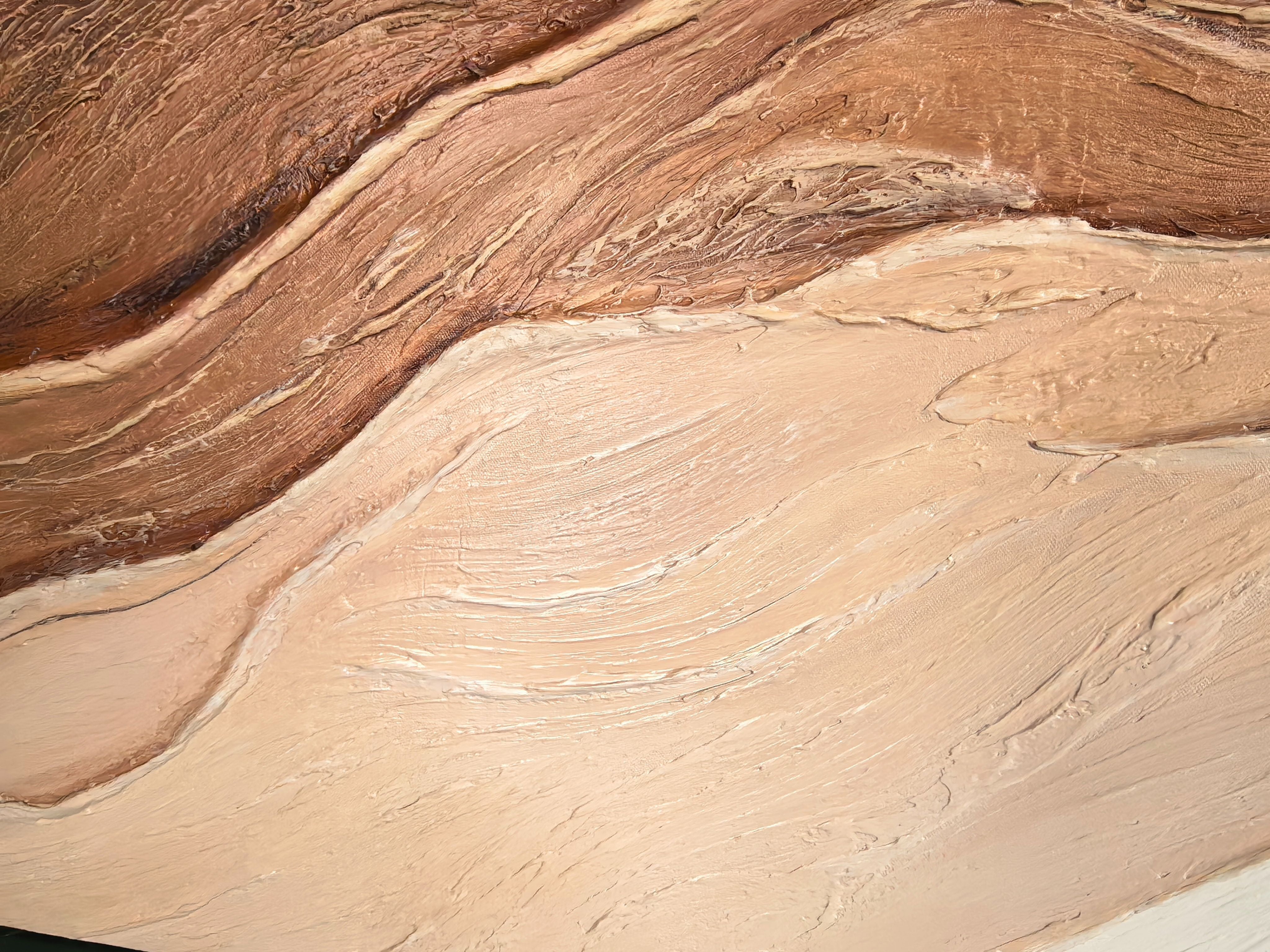 Sedimentary Flow – Hand-Painted Chocolate and Oat Linear Plaster Relief Texture Painting | Contemporary Plaster Texture Living Room & Office Art