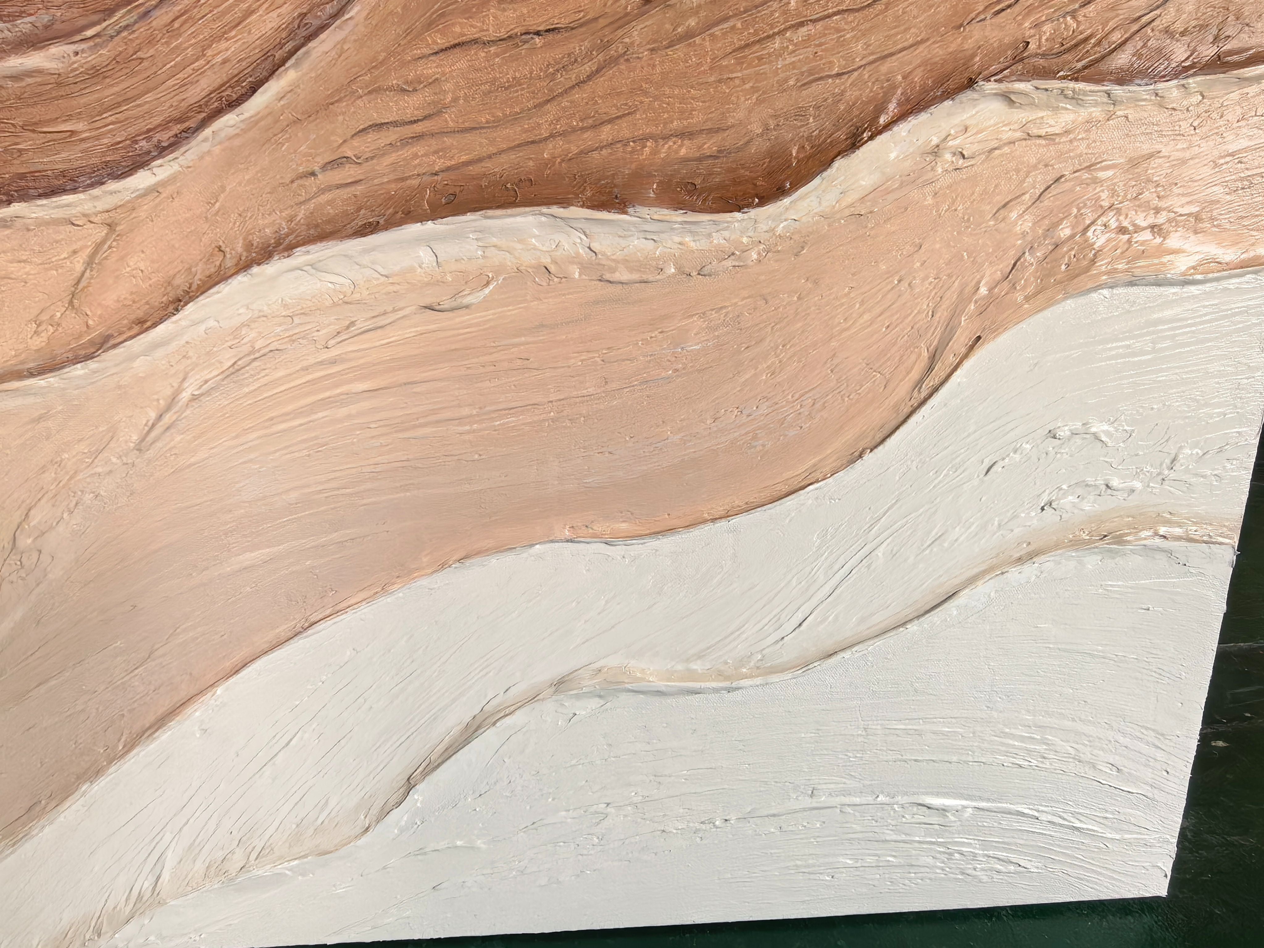 Sedimentary Flow – Hand-Painted Chocolate and Oat Linear Plaster Relief Texture Painting | Contemporary Plaster Texture Living Room & Office Art