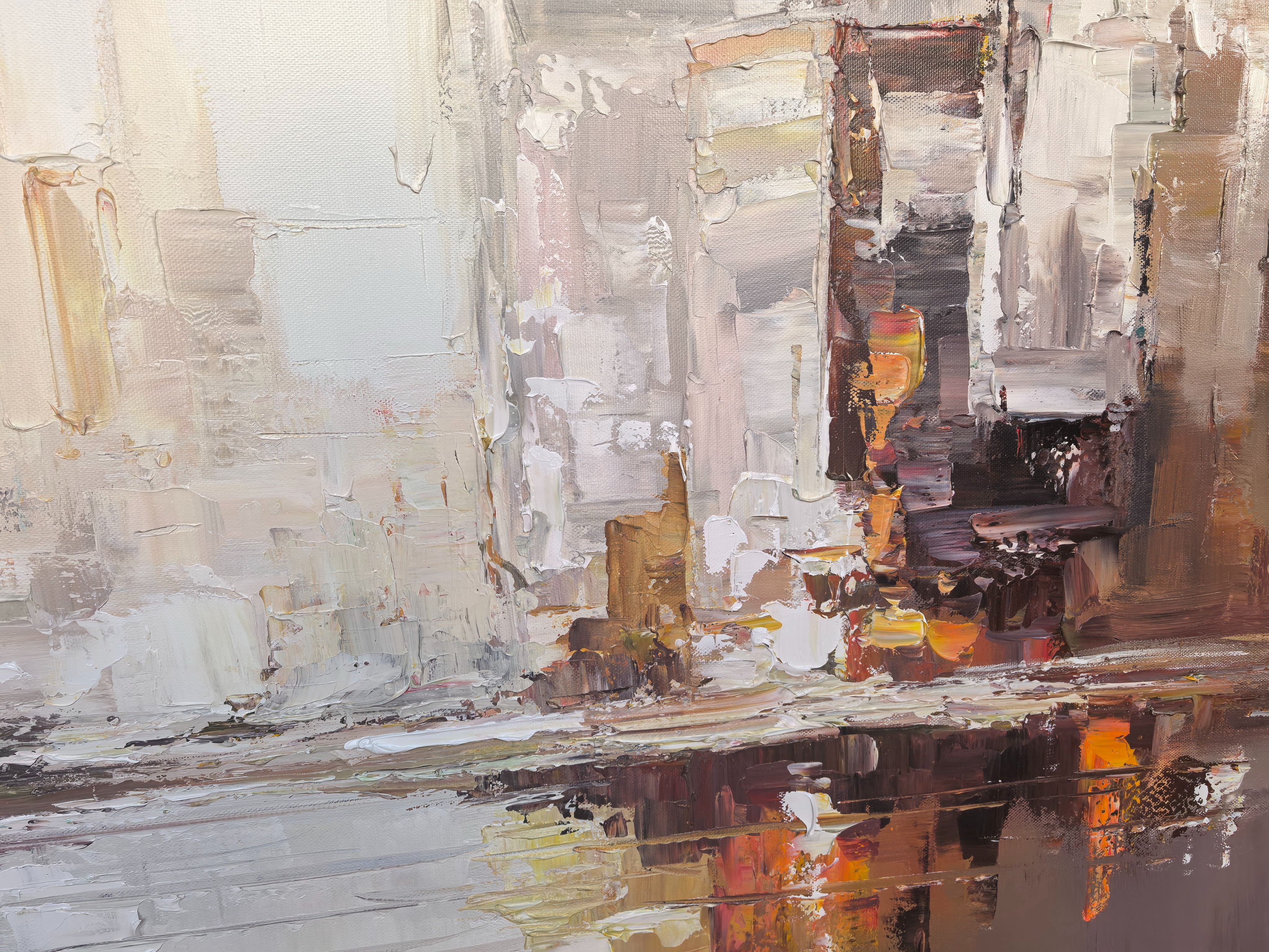 Urban Gold – Hand-Painted Industrial Gold and Grey Skyline Palette Knife Cityscape Painting | Modern Abstract Living Room & Office Art