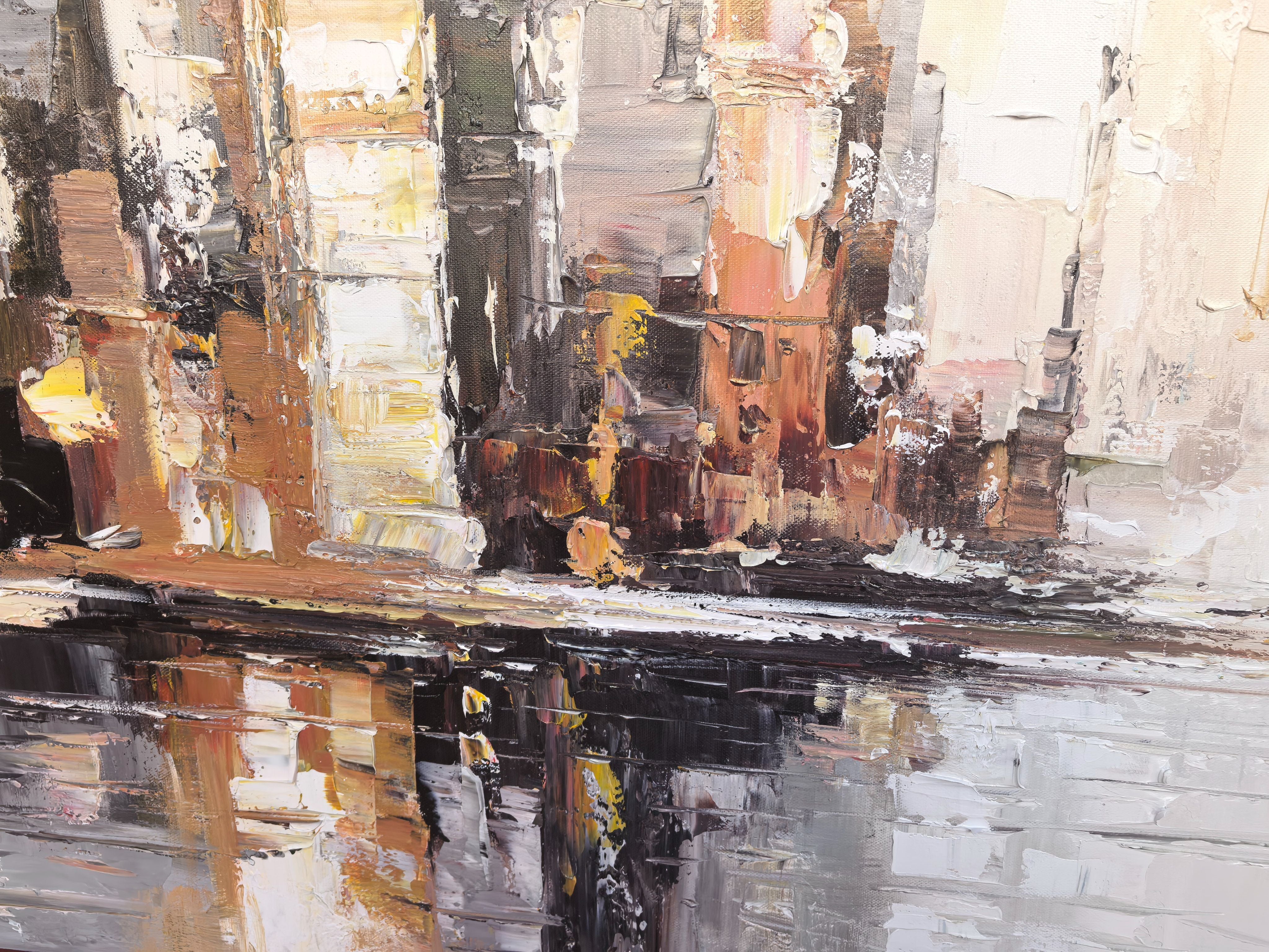 Urban Gold – Hand-Painted Industrial Gold and Grey Skyline Palette Knife Cityscape Painting | Modern Abstract Living Room & Office Art