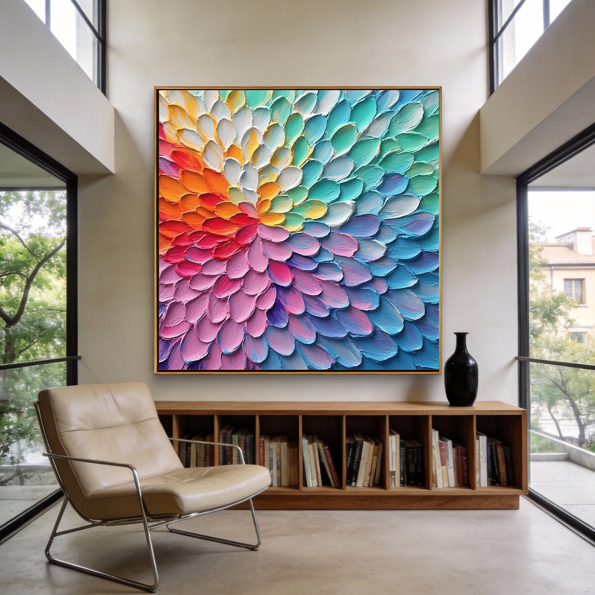 RAINBOW VORTEX: Modern Square 3D Heavy Texture Floral Wall Art, Vibrant Petal Relief Canvas