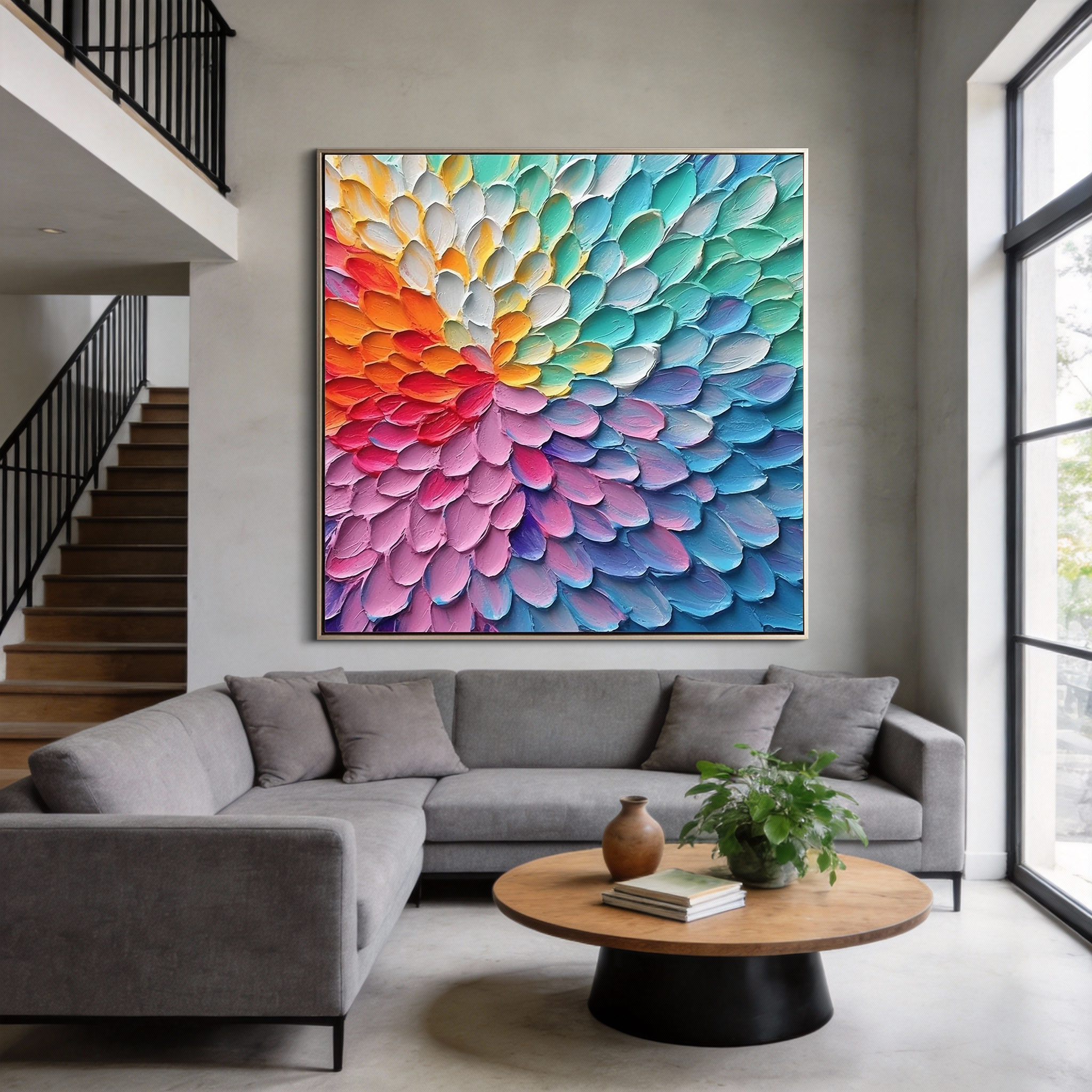 RAINBOW VORTEX: Modern Square 3D Heavy Texture Floral Wall Art, Vibrant Petal Relief Canvas