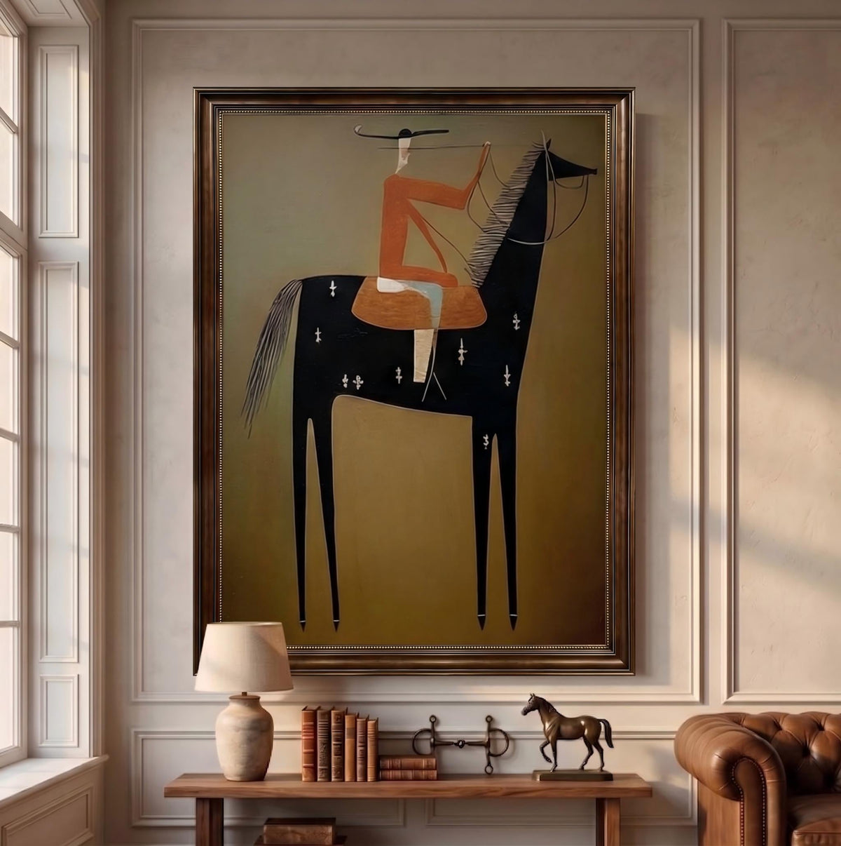 Orange Saddle on Midnight – Modern Western Black Horse Rider Painting | Olive Vertical Wall Art