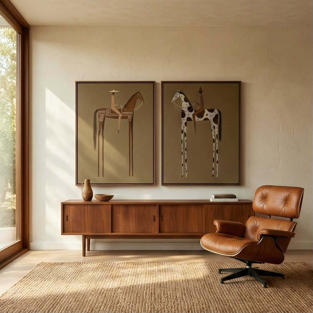Spotted Trails Together – Brown Pinto Horse Rider Diptych | Modern Western Vertical Wall Art