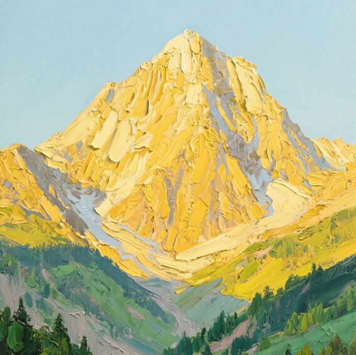 The Radiant Ridge – Contemporary Heavy Impasto Mountain & Valley Painting | Gilded Gold & Meadow Green Hallway Art