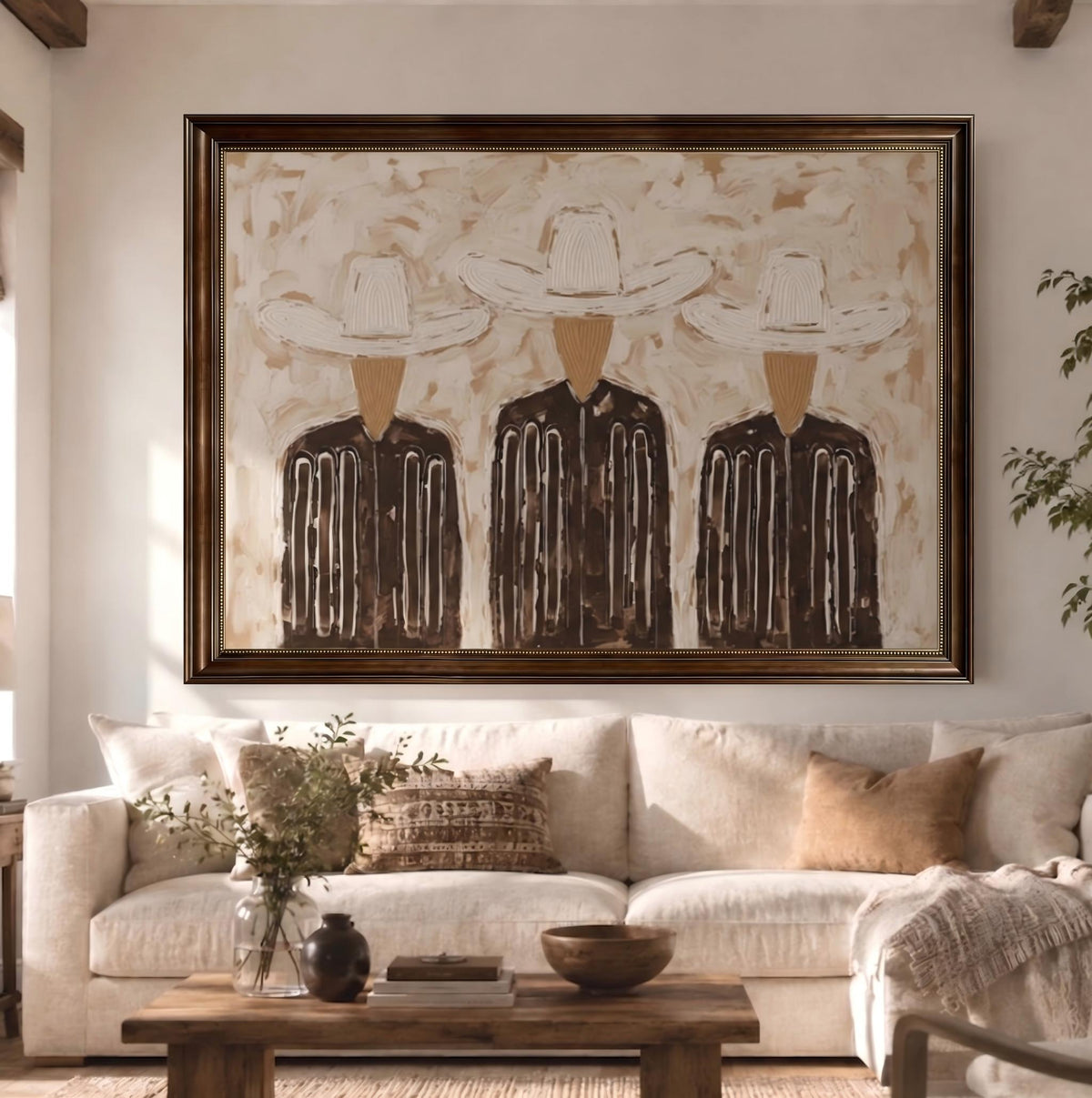 Three Hats in Linen – Textured Three Cowboy Painting | Neutral Horizontal Western Wall Art