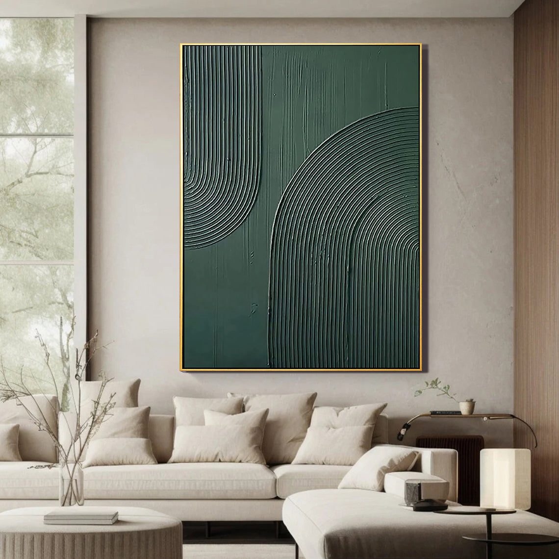 Archway Rhythm – Hand-Painted Sage Green Geometric Arch Line Relief Wabi-Sabi Painting | Japandi Wabi-Sabi Living Room & Bedroom Art