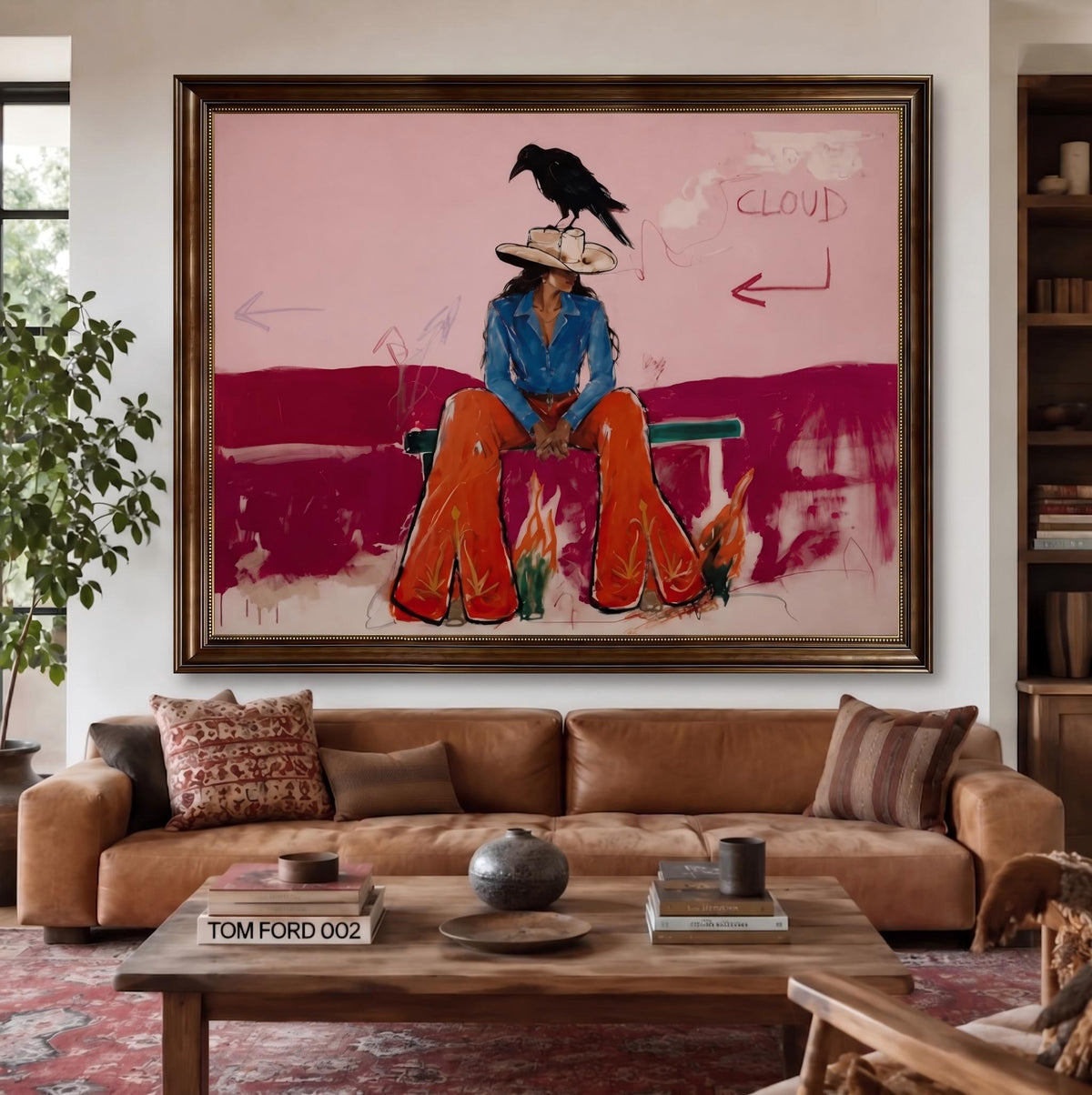 Cowgirl Waits Below Clouds – Pop Art Seated Cowgirl Painting | Pink Horizontal Western Wall Art