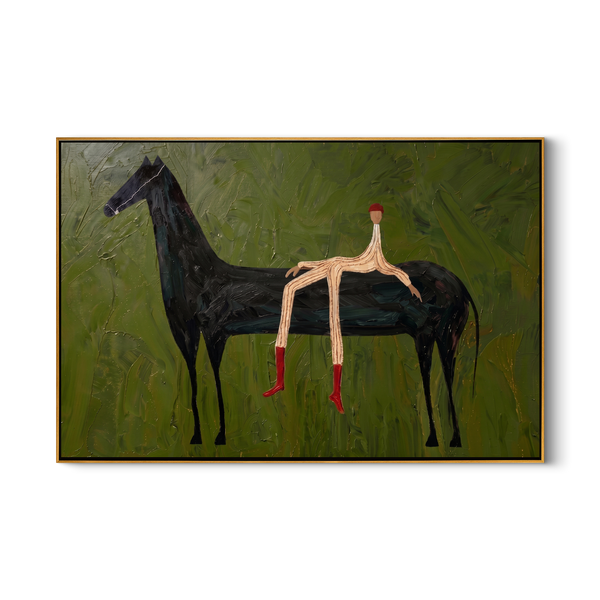 The Wilderness Rider – Modern Wabi-Sabi Dark Green Black Horse Painting | Minimalist Horizontal Living Room Art