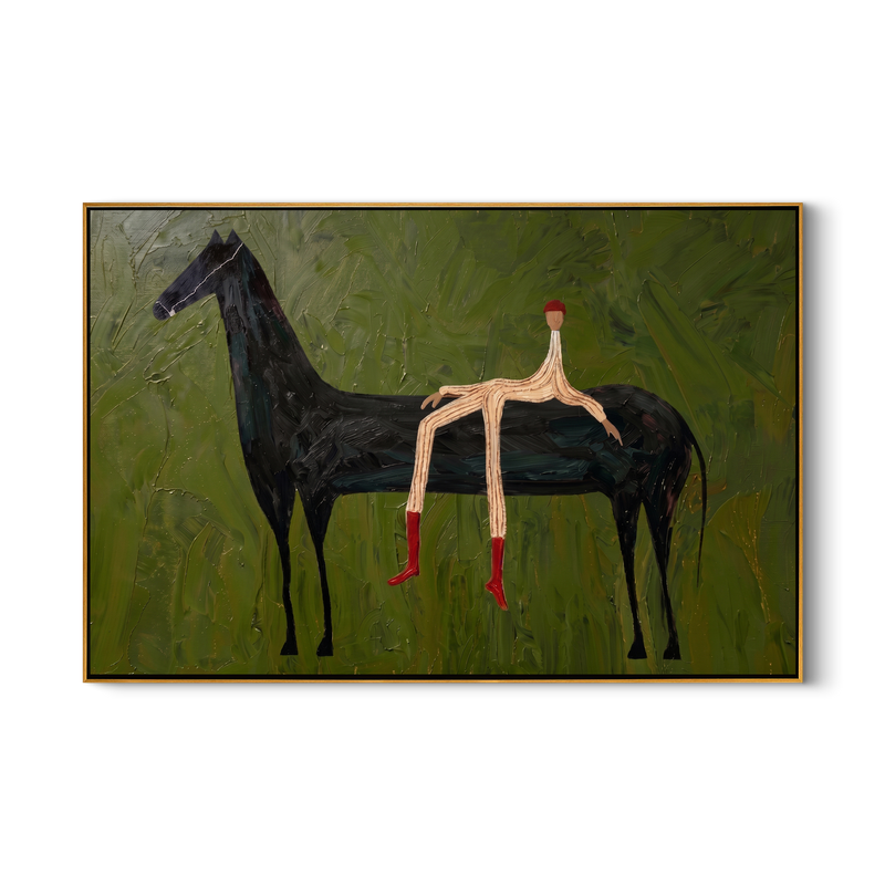 The Wilderness Rider – Modern Wabi-Sabi Dark Green Black Horse Painting | Minimalist Horizontal Living Room Art