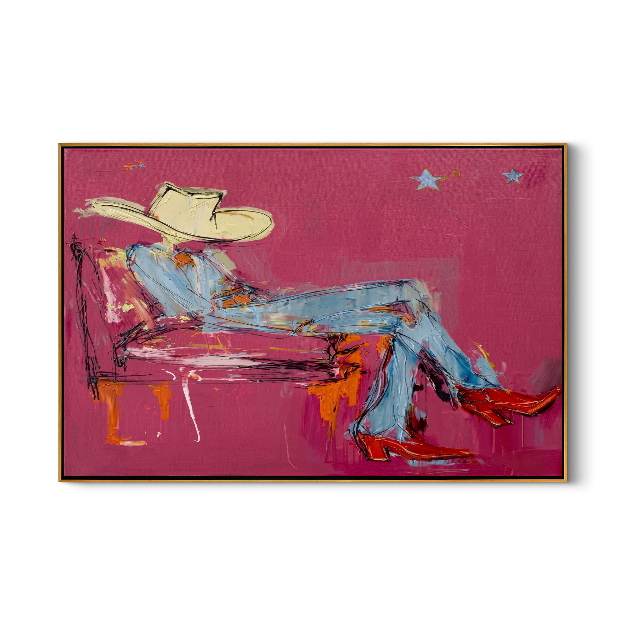 Neon Midnight Rider – Pop Art Pink Cowboy & Red Boots Painting | Avant-Garde Eclectic Living Room Art