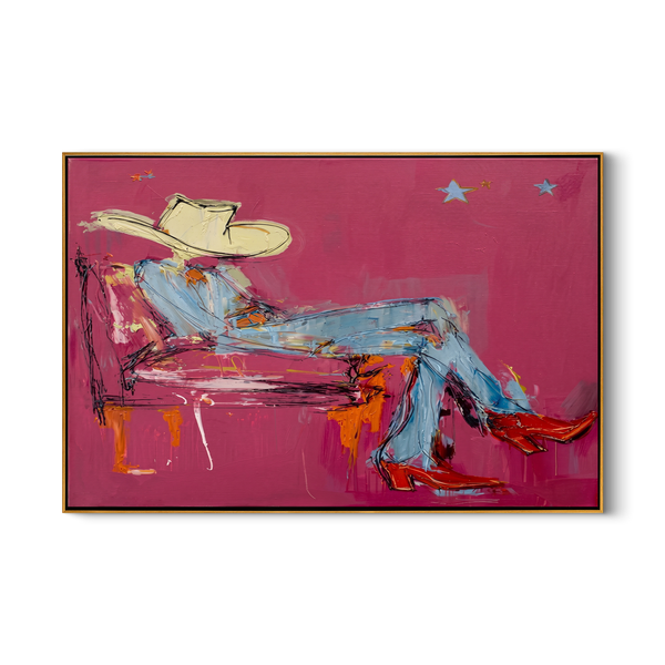 Neon Midnight Rider – Pop Art Pink Cowboy & Red Boots Painting | Avant-Garde Eclectic Living Room Art