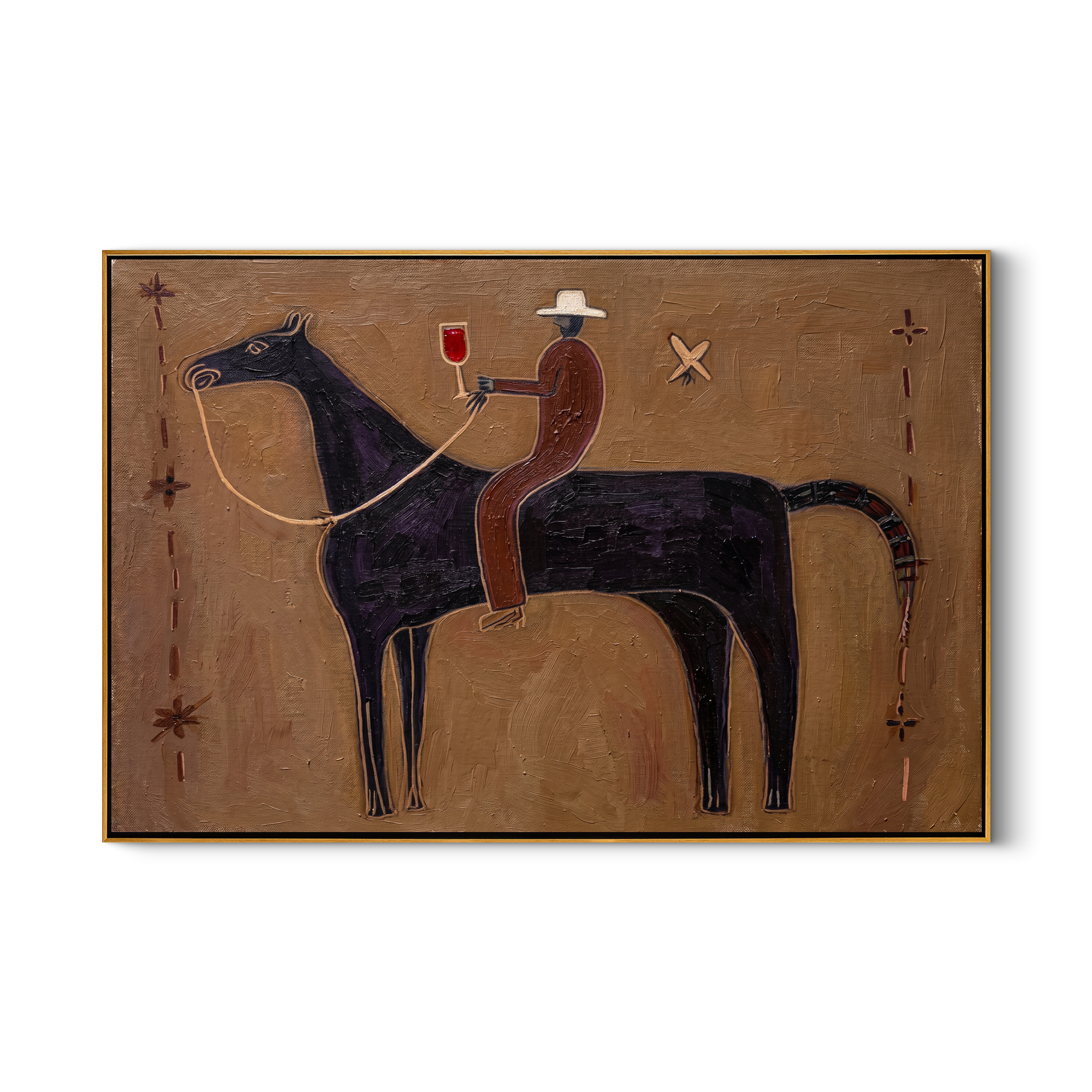 The Midnight Toast – Primitivism Cowboy & Horse Painting | Rustic Modernist Living Room Art