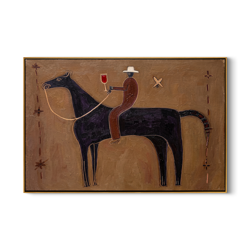 The Midnight Toast – Primitivism Cowboy & Horse Painting | Rustic Modernist Living Room Art