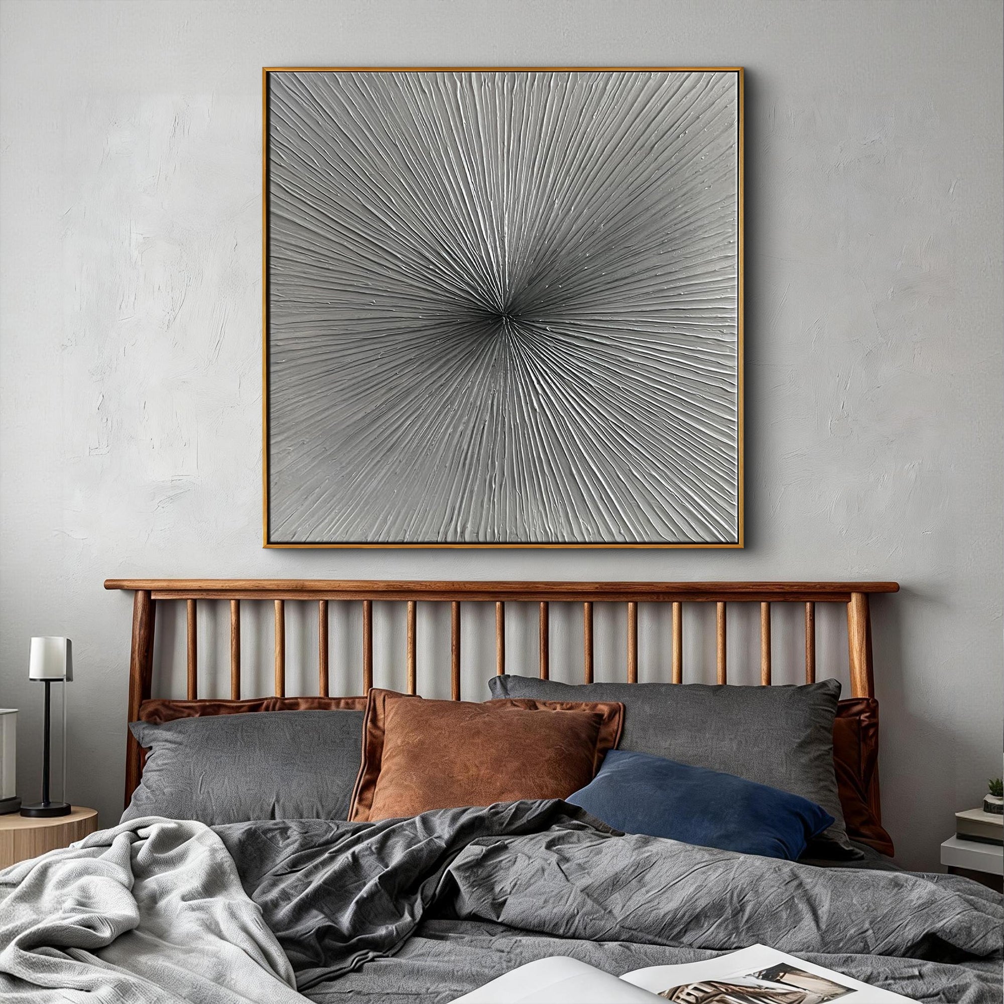 Silver Radiance – Textured Silver Gray Linear Abstract Painting | Modern Minimalist Living Room Wall Art