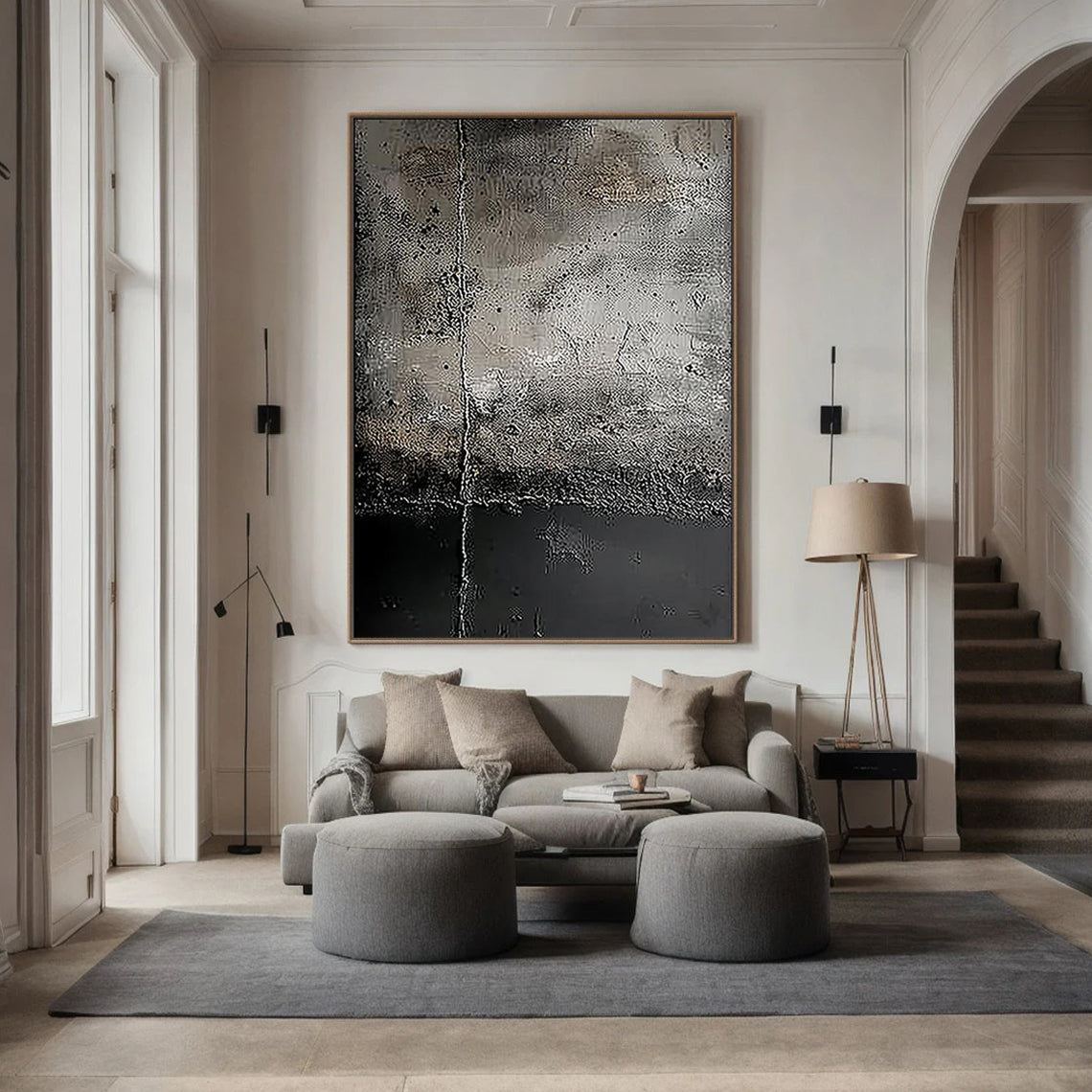 Urban Fossil – Hand-Painted Distressed Charcoal Grey Plaster Effect Relief Modern Wabi-Sabi Painting | Modern Noir Wabi-Sabi Living Room & Home Office Art