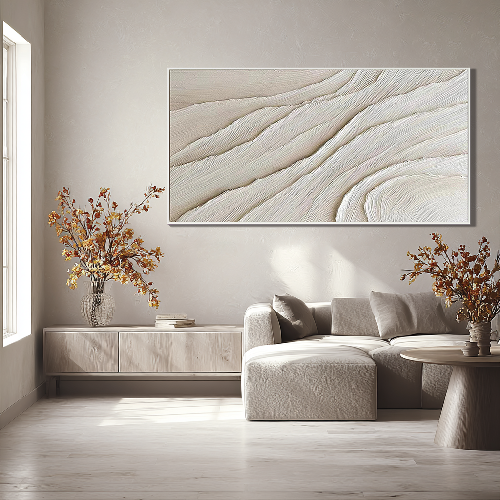 SILK STRATA: Minimalist Wall Art, Hand-Painted Horizontal Off-White Layered Plaster Relief 3D Textured Gallery Art